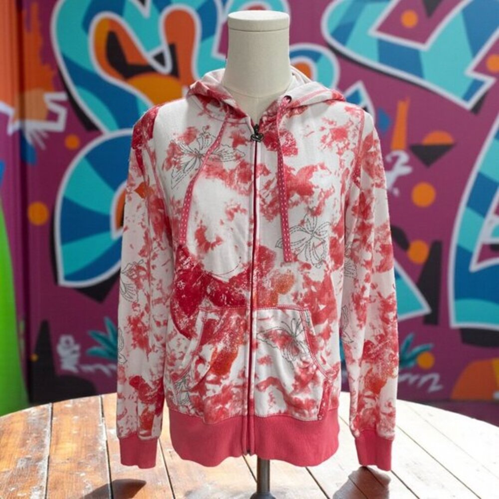Three Hearts Coral Butterfly Hoodie Small Y2K Coquette Soft Girl Kawaii Zip Up‎